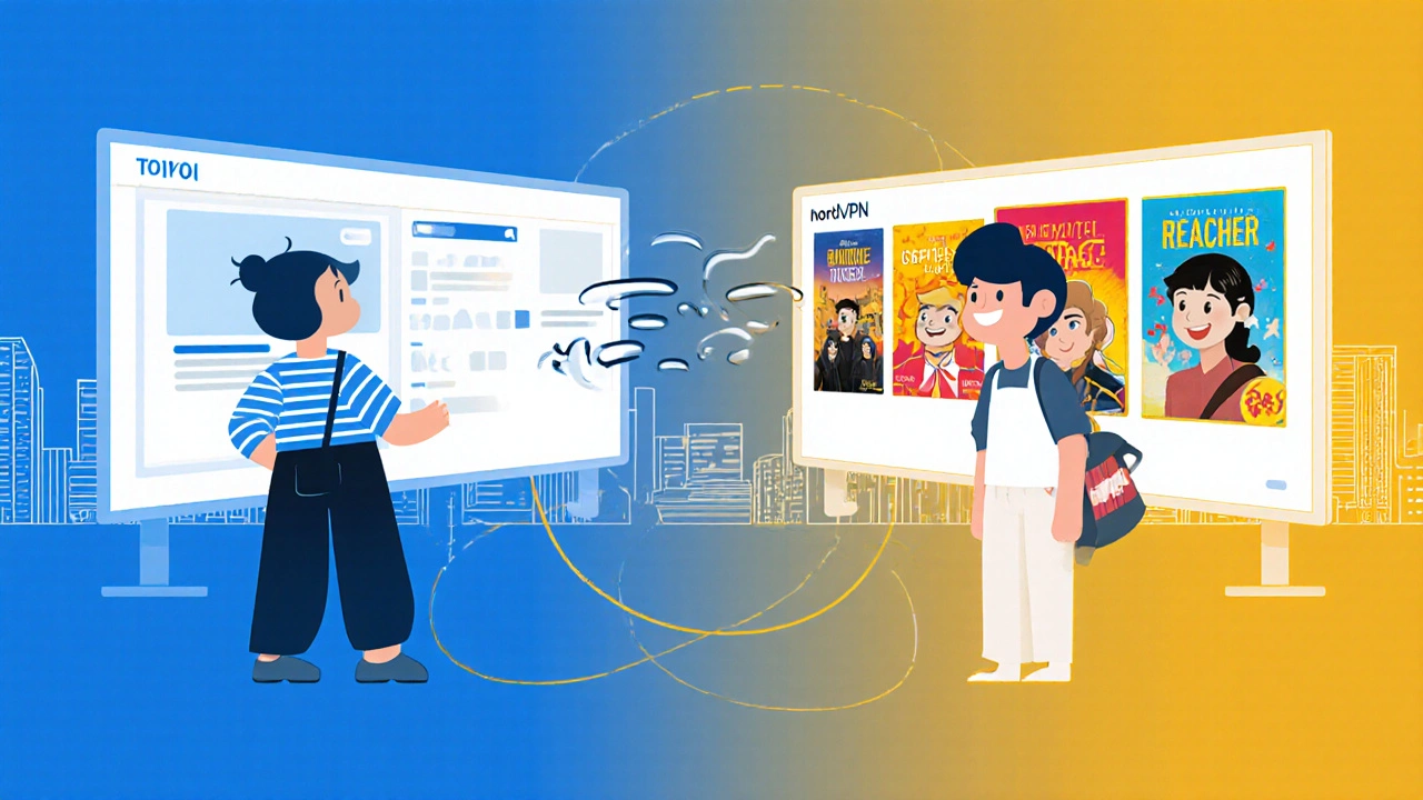 Voyageur à Tokyo passant d&#039;un écran bloqué à un catalogue américain via un VPN.