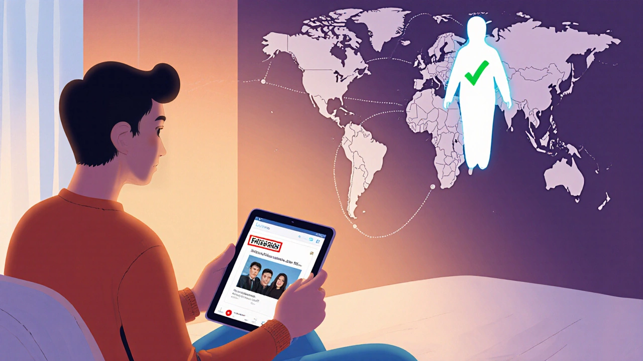 Voyageur regardant une série bloquée sur un écran à Rome, tandis qu&#039;une version disponible apparaît en Inde.