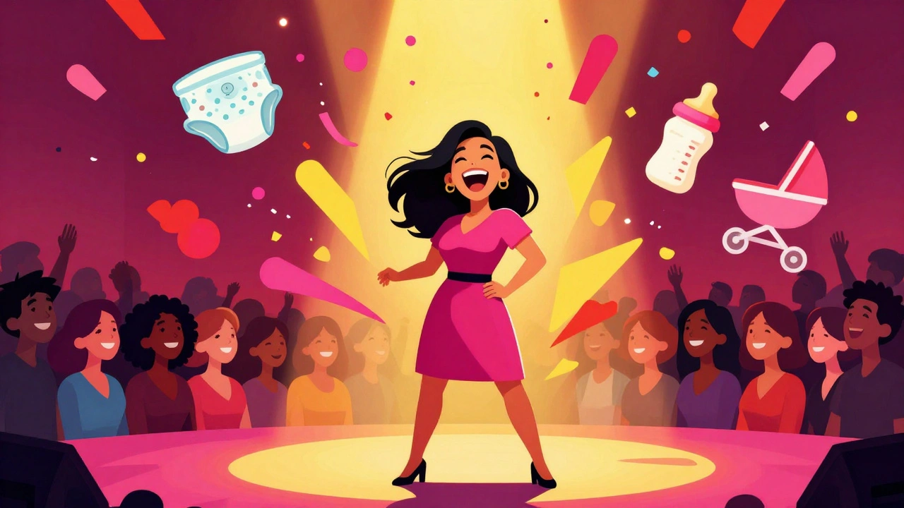 Ali Wong sur scène, entourée de symboles de maternité en confettis colorés.