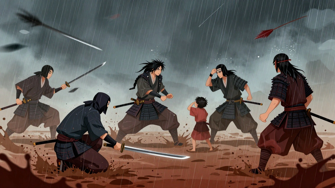 Bataille chaotique sous la pluie, samouraïs en combat dans la boue et les flèches.