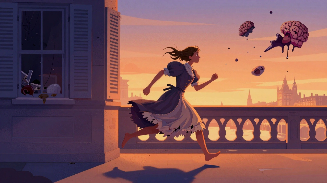 Bella courant nue sur un pont à l’heure dorée, les intérieurs étouffants fermés derrière elle, le ciel en dégradés de orange et indigo.