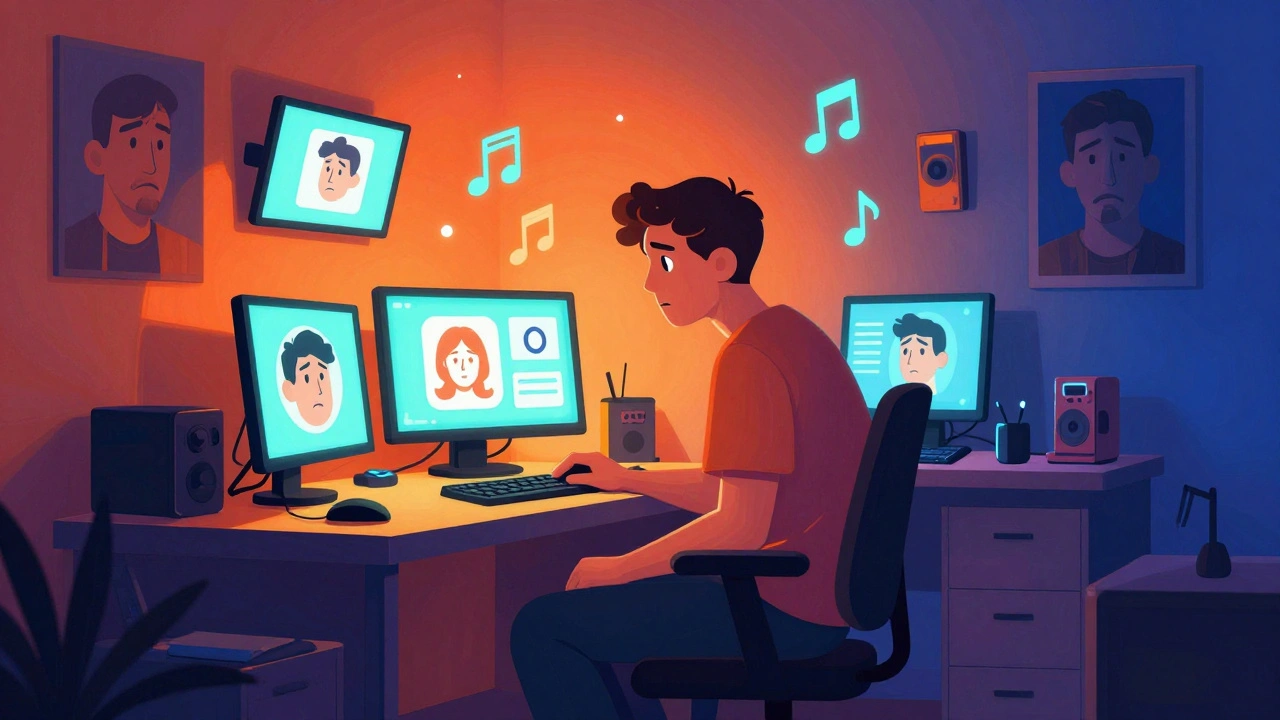 Bo Burnham dans sa chambre, entouré d&#039;écrans et de symboles numériques émotionnels.