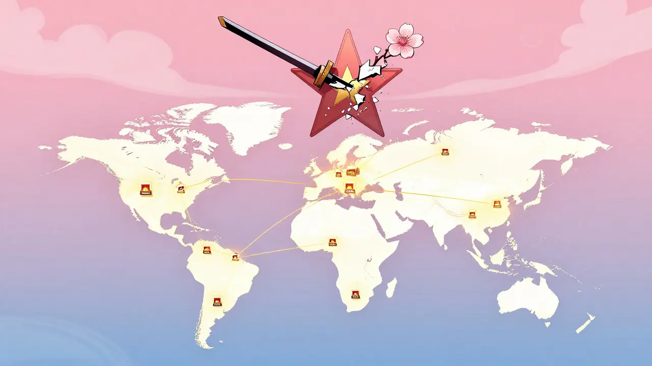 Carte mondiale avec des cinémas et des icônes TikTok, une fleur de cerisier remplaçant une étoile hollywoodienne.