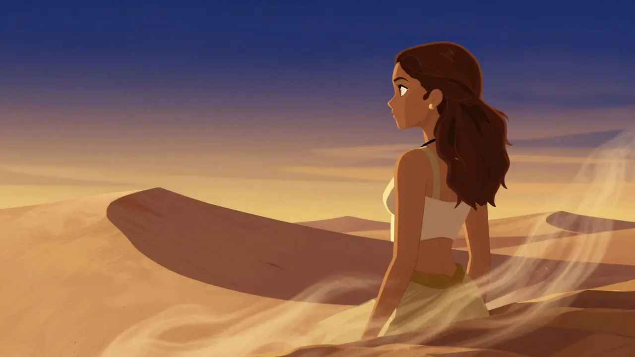 Chani regarde Paul en silence sur une dune au coucher du soleil, le ciel en dégradés de bleu profond à or fondu.