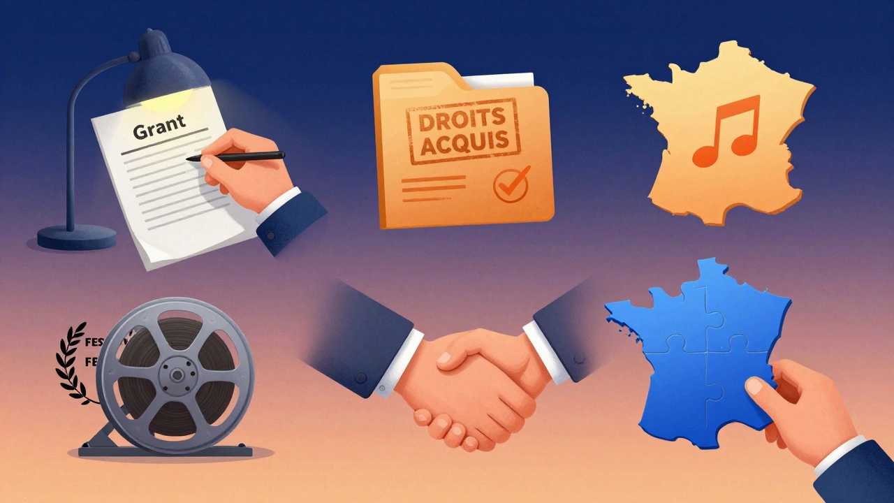 Cinq actions clés d’un producteur indépendant : financement, équipe, droits, diffusion, et persévérance, représentées comme un puzzle complet.