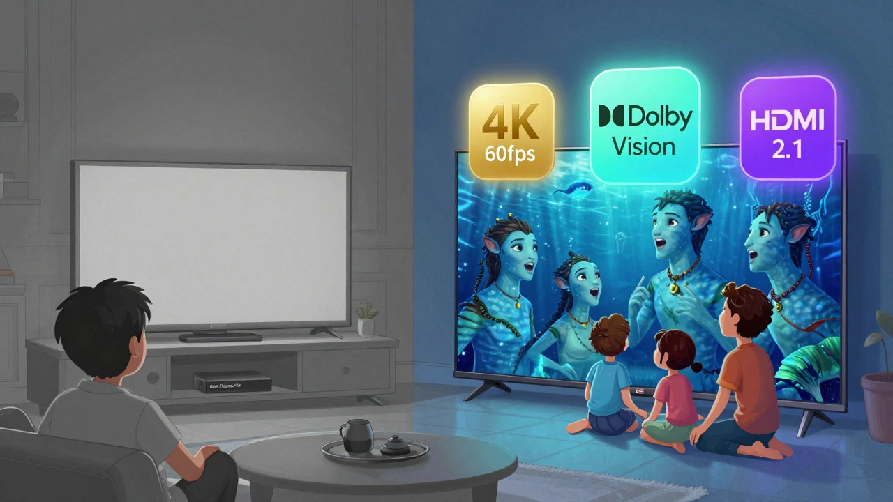 Comparaison de deux salles : SDR terne à gauche, HDR vibrante à droite avec Avatar et des couleurs fluo.