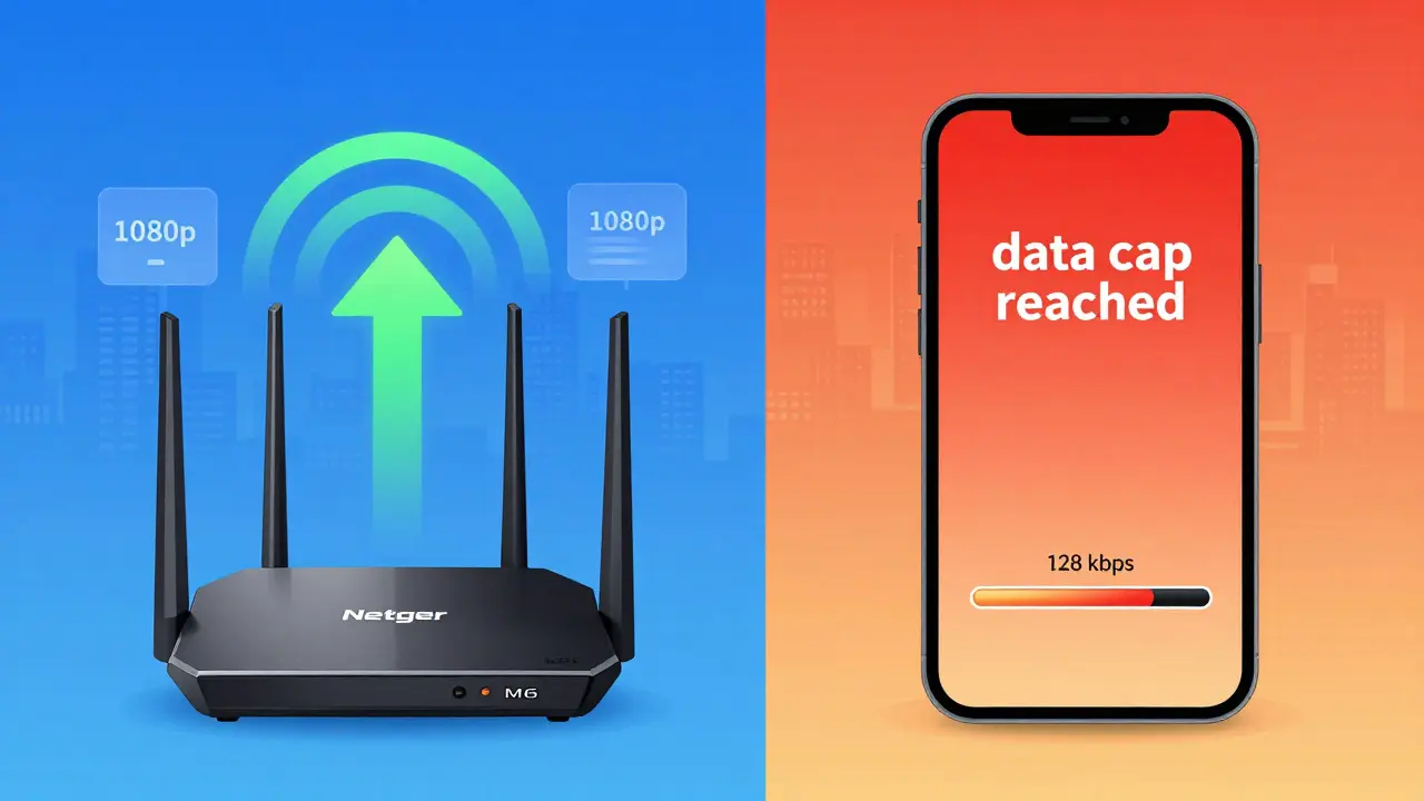 Comparaison entre un routeur 5G fiable avec un flux 1080p stable et un téléphone avec limite de données atteinte.