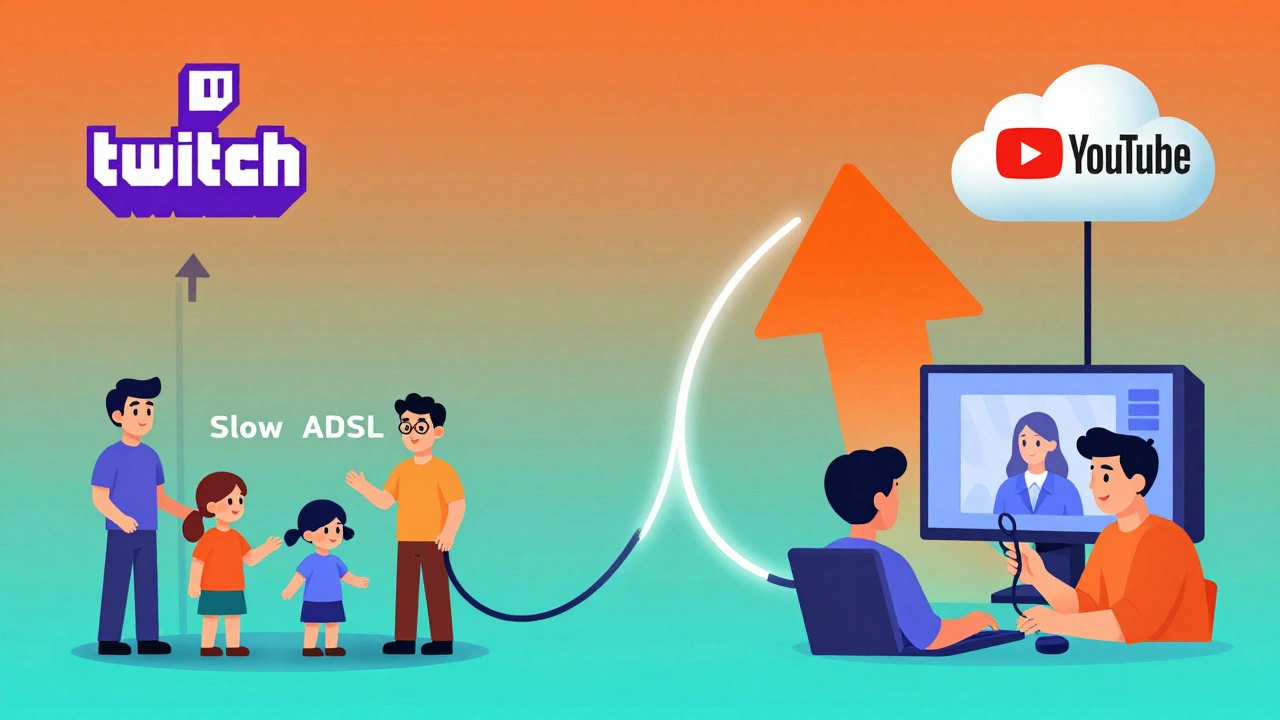 Comparaison visuelle d'une connexion ADSL lente et d'une fibre rapide avec des flèches de téléchargement en gradient.