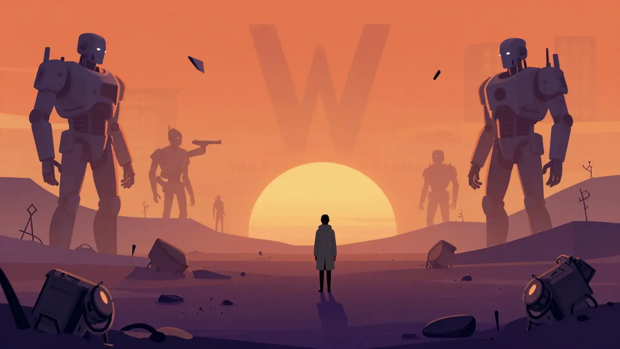 Désert radioactif avec des statues géantes d'androïdes enterrées sous un ciel orangé.