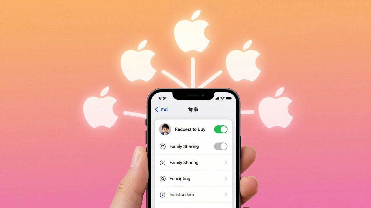 Écran d&#039;iPhone montrant les paramètres de partage familial avec un profil d&#039;enfant et un bouton de demande d&#039;approbation.