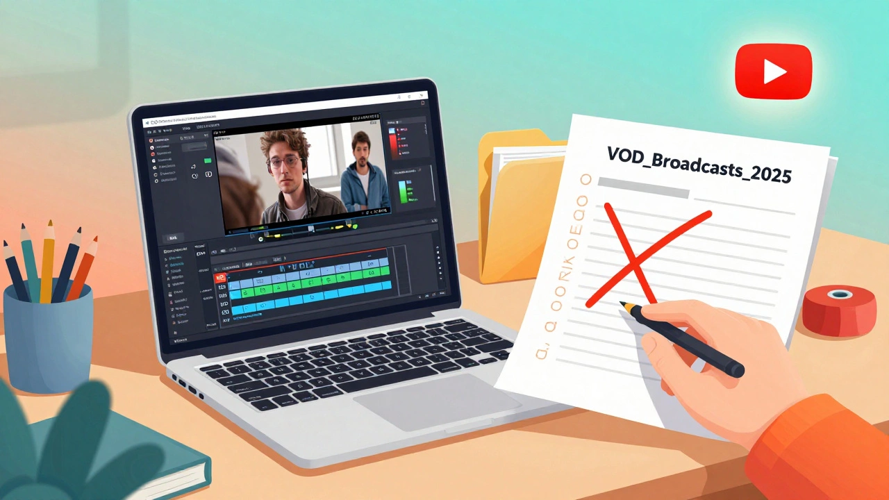Édition de VOD avec DaVinci Resolve, sous-titres automatiques et dossier organisé en arrière-plan.