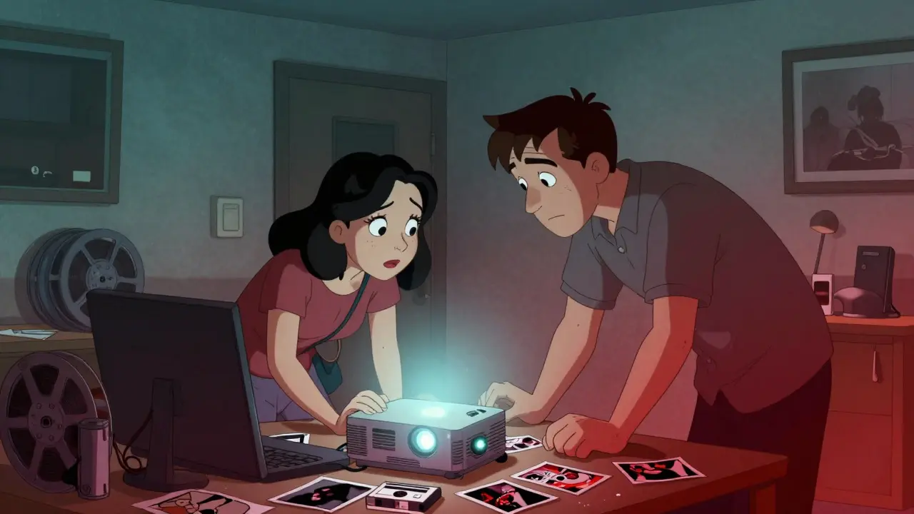 Eleanor Coppola et Fax Bahr montent le documentaire dans une chambre d'hôtel, entourées de bobines et de photos.