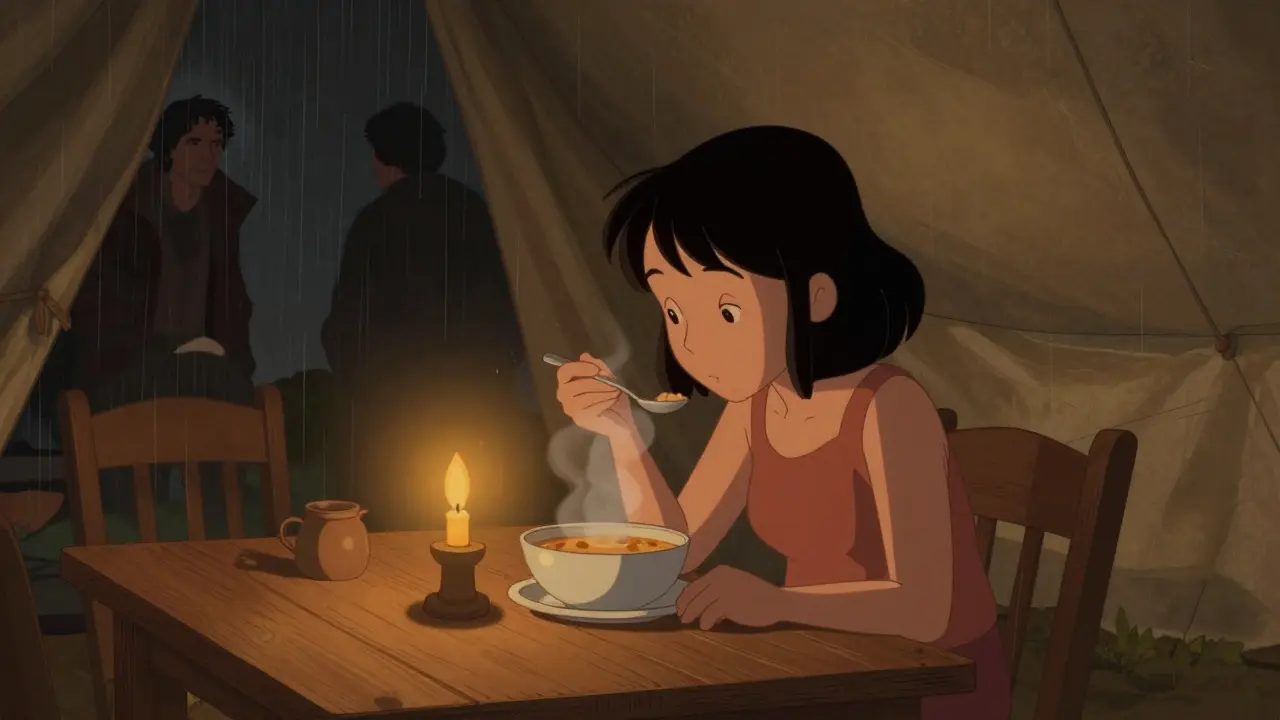 Eleanor Coppola mangeant une soupe dans une tente, la nuit, tandis que des silhouettes d'acteurs se dessinent à l'extérieur.