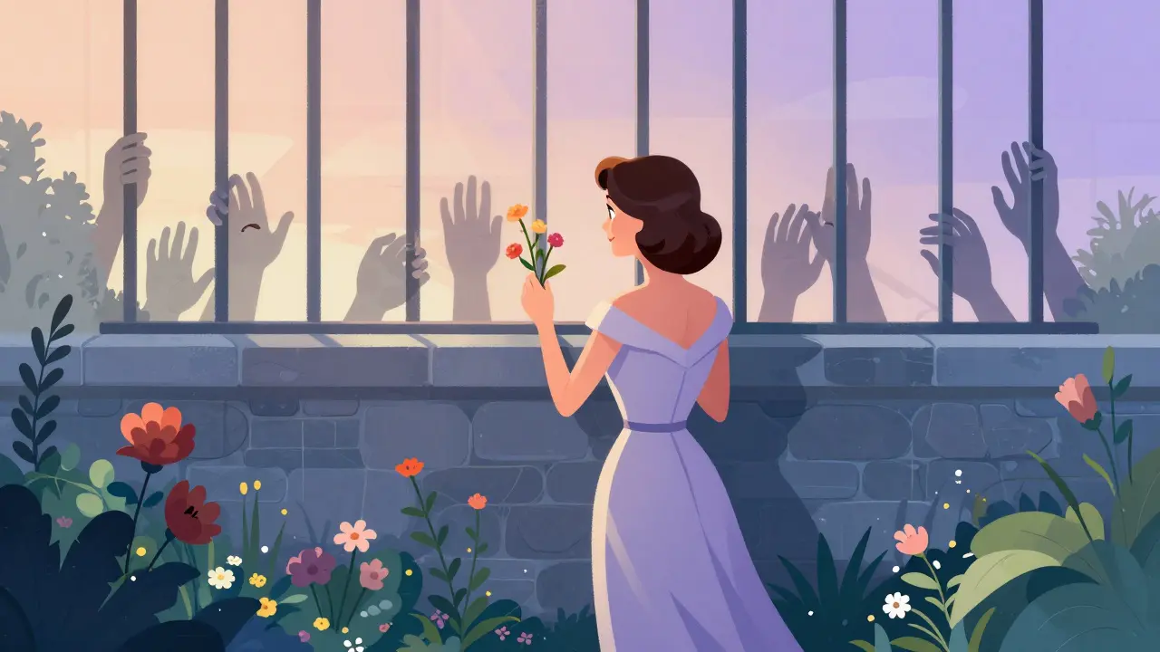 Femme choisissant des fleurs, mur de pierre avec mains et regards translucides derrière.