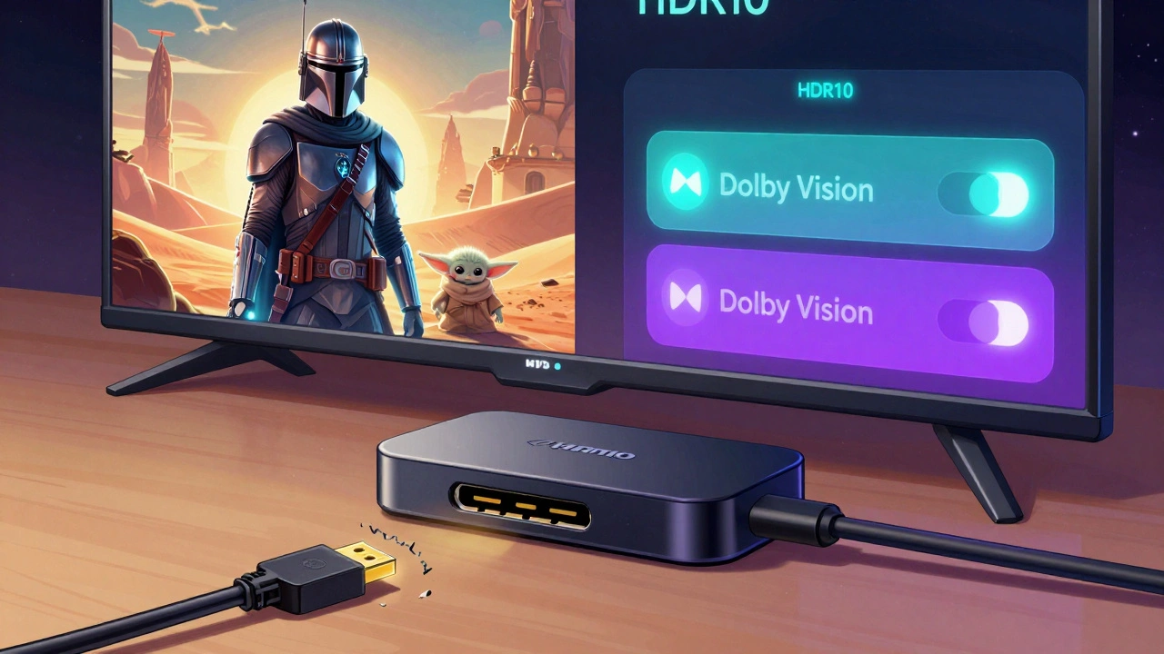Fire TV Stick connecté à un câble HDMI 2.0, affichant The Mandalorian en HDR avec des ciels lumineux et des paramètres activés.