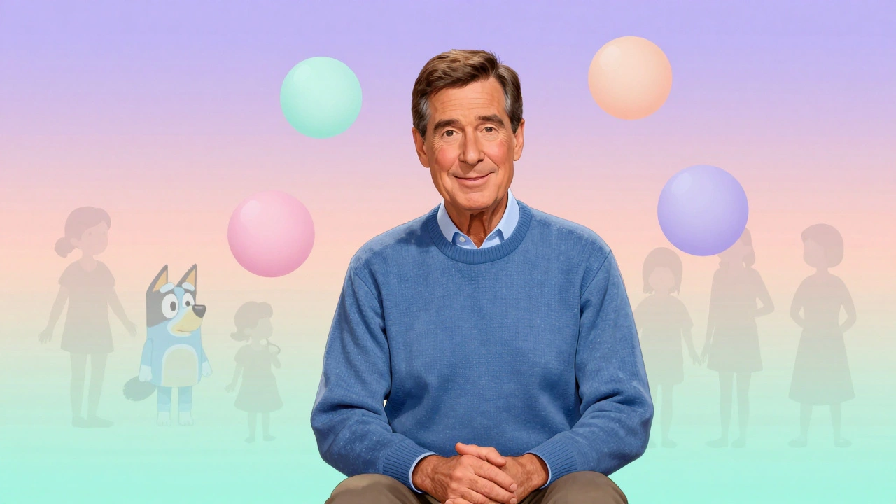 Fred Rogers sourit doucement, entouré d&#039;orbites pastel représentant la bienveillance.