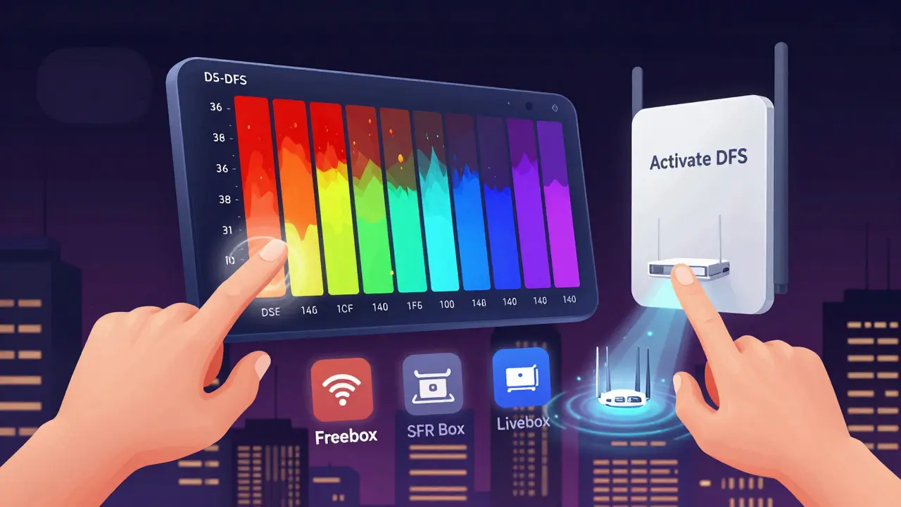 Interface d'analyse Wi-Fi montrant les canaux saturés en rouge et les canaux DFS en couleurs vives, avec un signal d'activation.