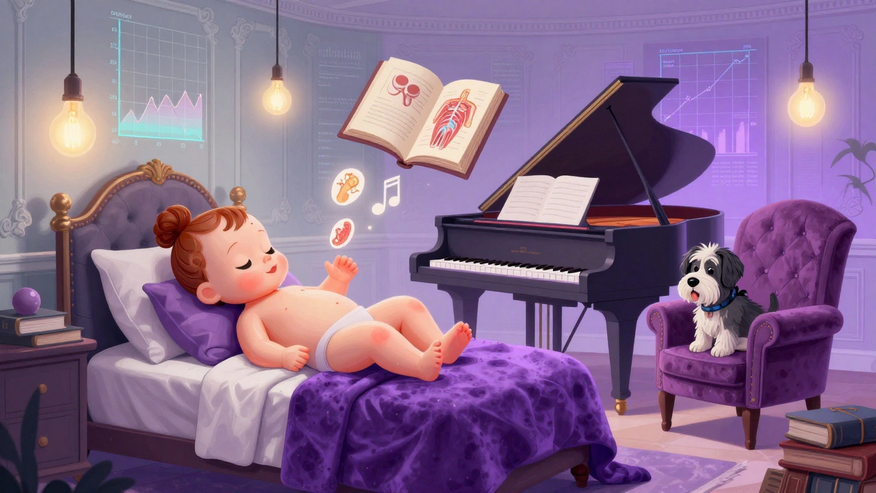 Intérieur sombre rempli de livres médicaux, un bébé en porcelaine, un piano autonome et un chien qui parle, éclairé par des ampoules clignotantes.