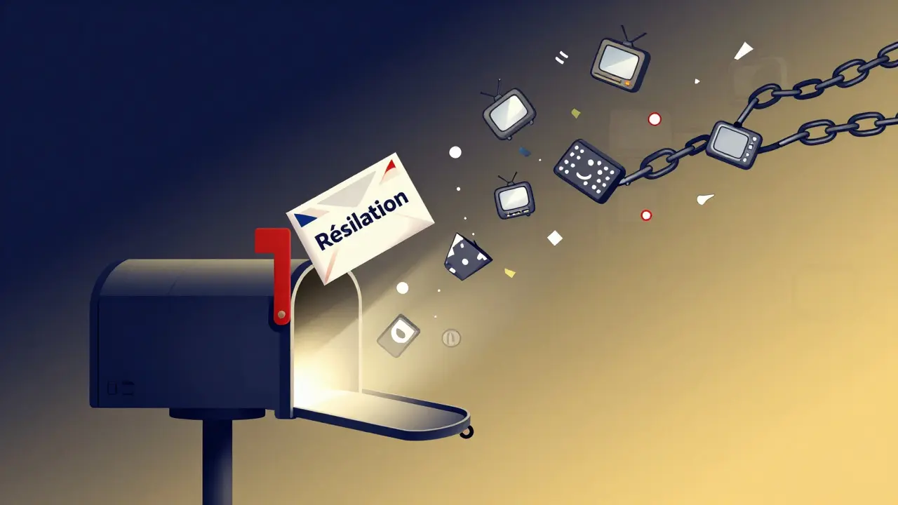 Lettre de résiliation envoyée dans une boîte aux lettres qui devient une passerelle vers des services de streaming, des câbles qui se brisent en confettis.