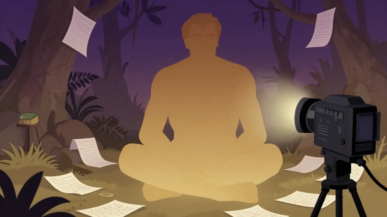 Marlon Brando en Kurtz dans une cabane de jungle, entouré de notes écrites sur du papier toilette.