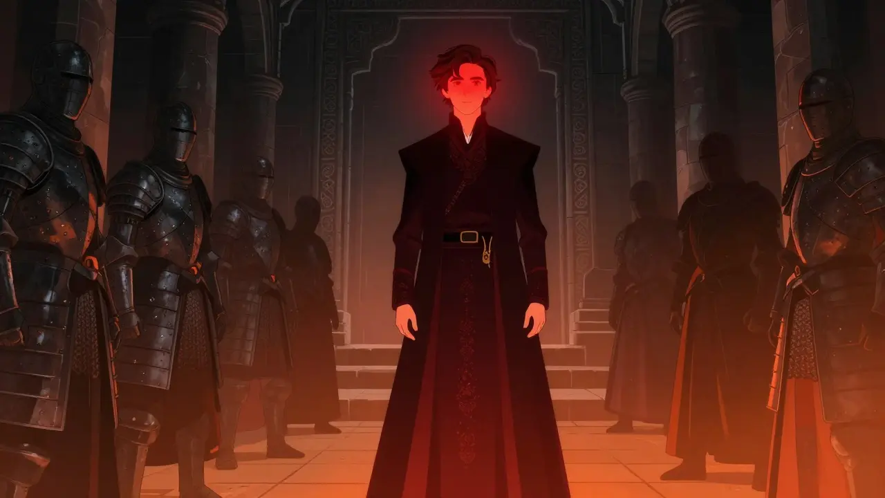 Paul Atreides seul dans un palais noir, éclairé par une lueur rouge sacrée, entouré d'armures usées et de silhouettes silencieuses.