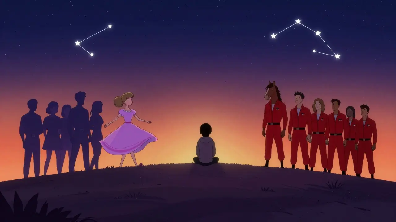 Personne assise sur une colline sous les étoiles, entourée des silhouettes emblématiques des meilleures productions Netflix.