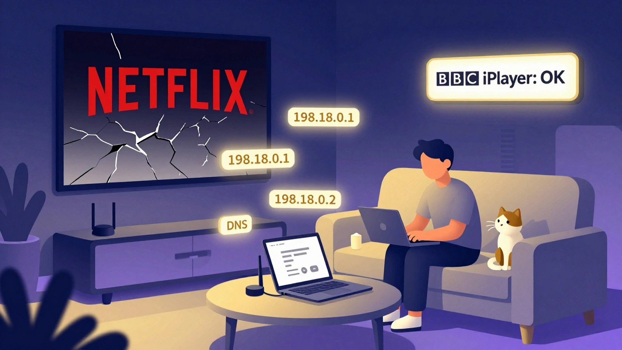 Personne configurant un routeur avec des adresses DNS flottantes, entourée de signes de succès et d'échec pour les services de streaming.