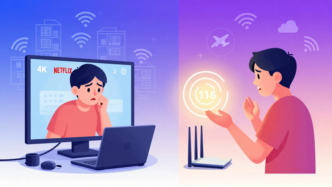 Personne regardant un streaming en 4K qui se bloque, puis qui devient fluide grâce à un changement de canal DFS.