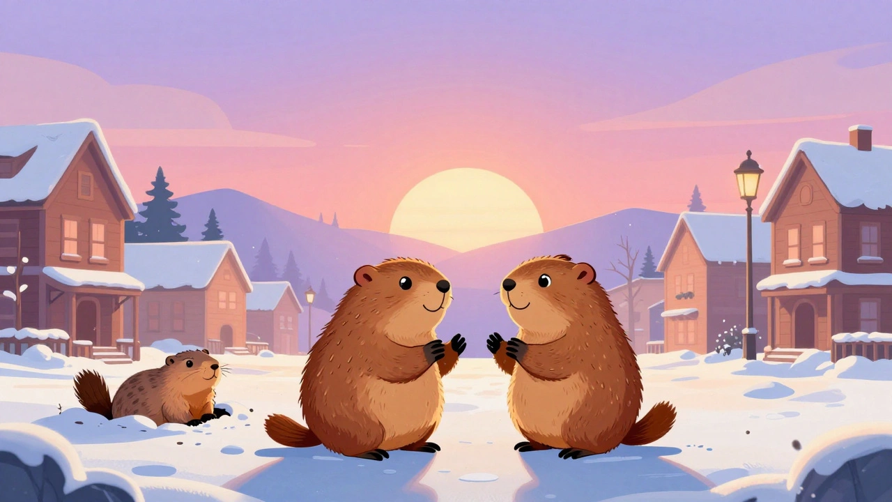 Phil et Rita échangent un bonjour au lever du soleil, dans une atmosphère paisible et enneigée.