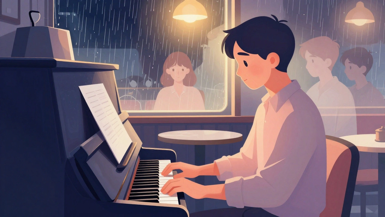 Phil joue du piano dans un diner, Rita l&#039;observe en arrière-plan sous la pluie.