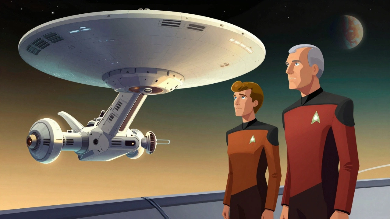 Picard et Data sur le pont d&#039;observation de l&#039;Enterprise-D, regardant une planète lointaine.