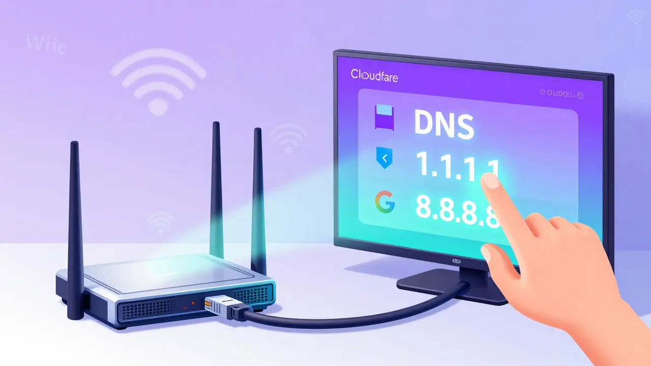 Routeur connecté en câble Ethernet à une télévision, avec des adresses DNS Cloudflare et Google affichées sur l'écran.