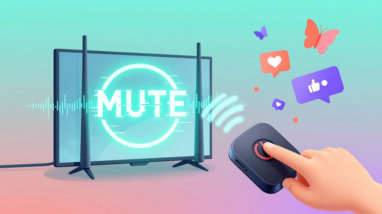 Routeur et téléviseur connectés, un icône &#039;MUTE&#039; bloque les ondes sonores en gradient.