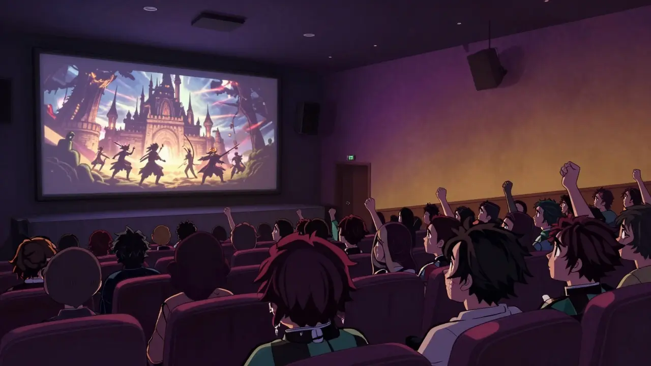 Salle de cinéma française à 3 heures du matin, remplie de fans en costume, éclairés par l'écran du film.