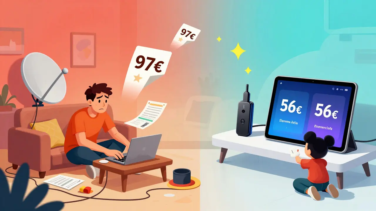 Scène comparant un abonnement câble coûteux à droite et un système de streaming économique à gauche, avec des gradients de couleur.