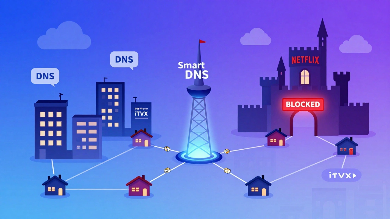 Schéma stylisé d'une ville réseau où le Smart DNS redirige les données vers des chaînes britanniques, tandis que Netflix bloque l'accès.