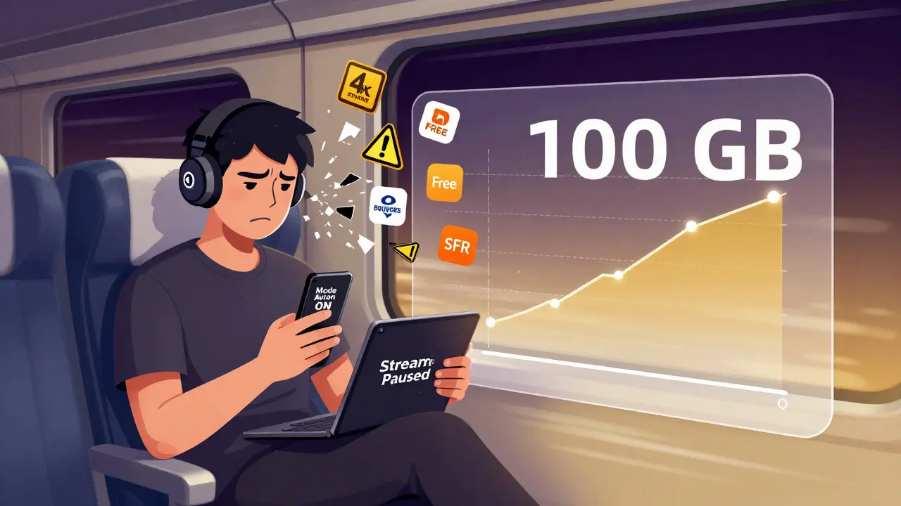 Streameur en train dont la diffusion 4K se décompose en pixels, avec un graphique de consommation de données en surcharge.