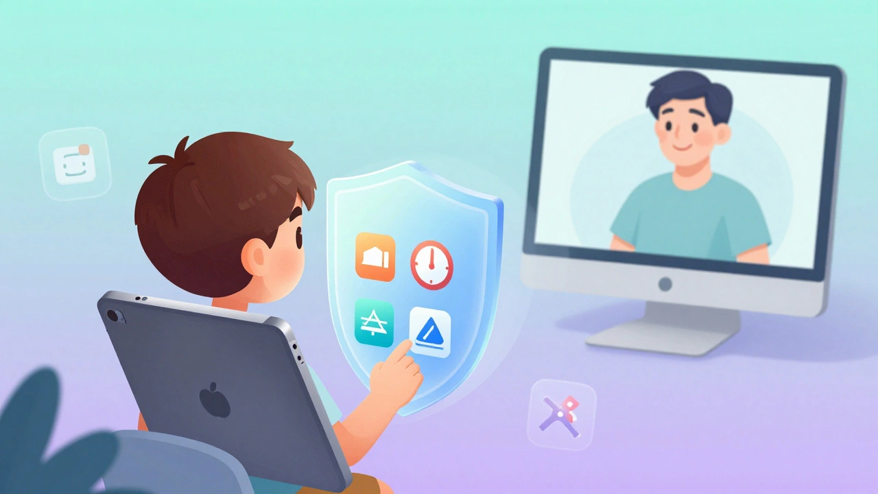 Tablette d&#039;enfant protégée par un bouclier de contrôle parental avec des icônes de temps d&#039;écran et de filtrage.