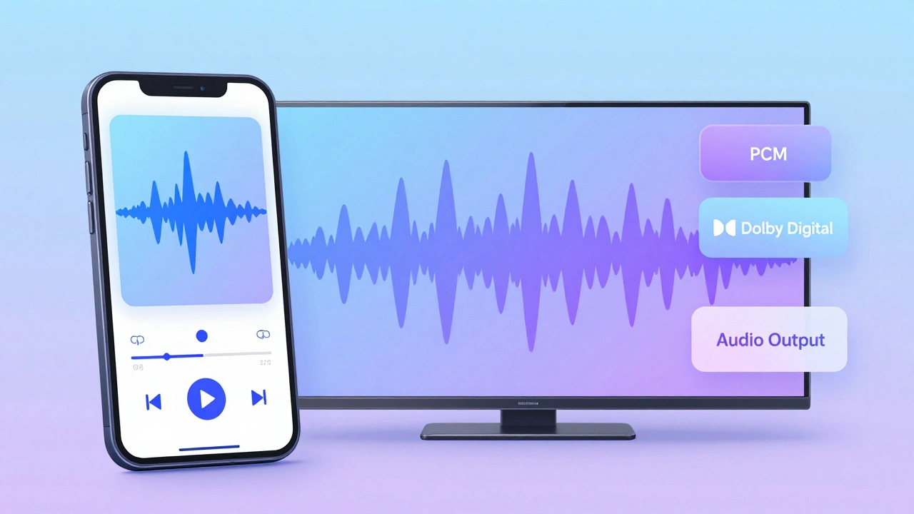 Télévision sans son à droite, téléphone avec son à gauche, menus audio en arrière-plan.