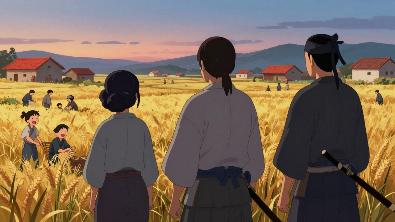 Trois samouraïs regardent les paysans travailler au coucher du soleil, sans reconnaissance.