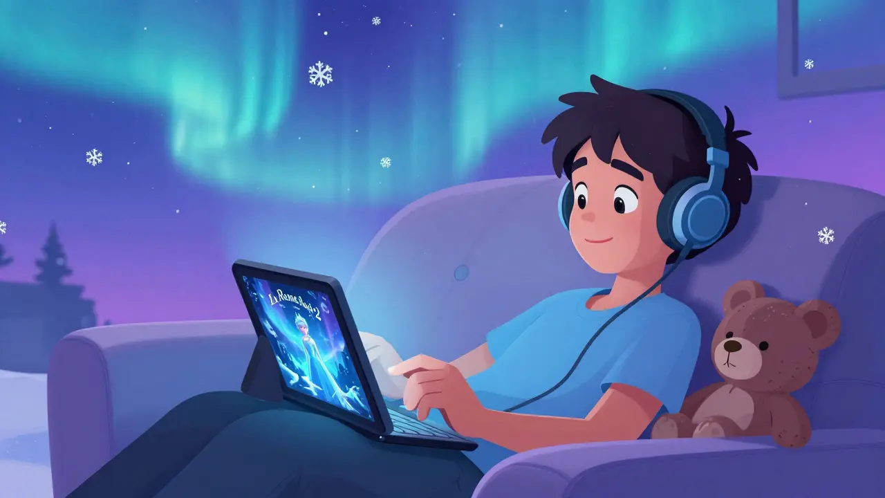 Un adolescent regarde 'La Reine des Neiges 2' sur une tablette, entouré de reflets bleus et violets.