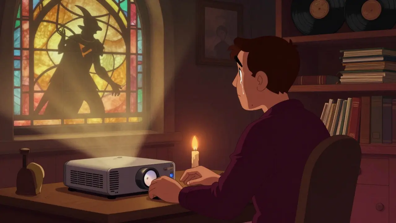 Un adulte admire 'Le Bossu de Notre-Dame' projeté sur un mur, dans une ambiance chaleureuse et émouvante.