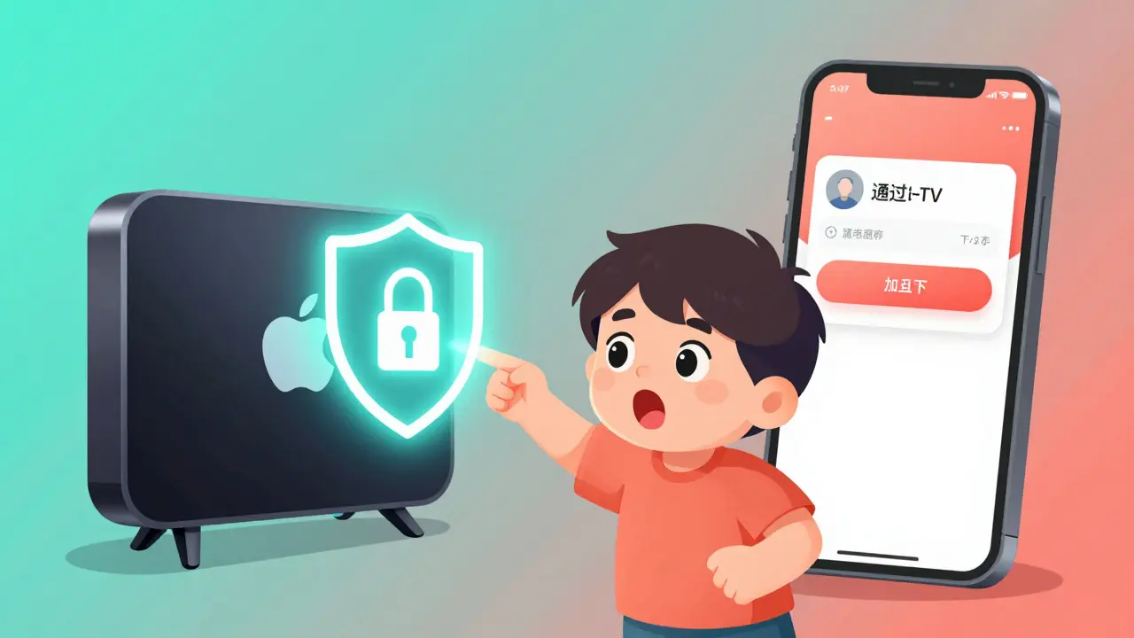 Un enfant essaie de télécharger un jeu, mais un bouclier de sécurité bloque l'action.