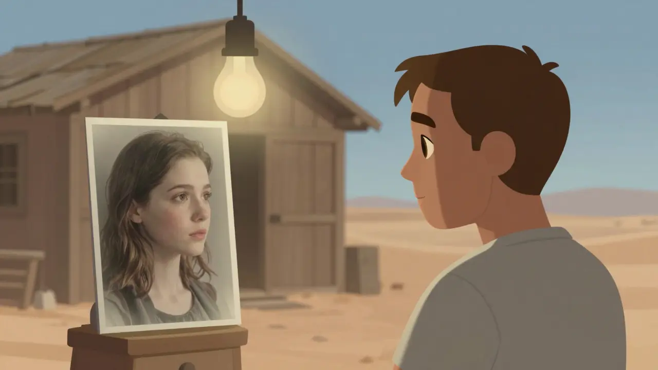 Un homme regarde une photo floue de femme dans une cabane désolée au coucher du soleil.