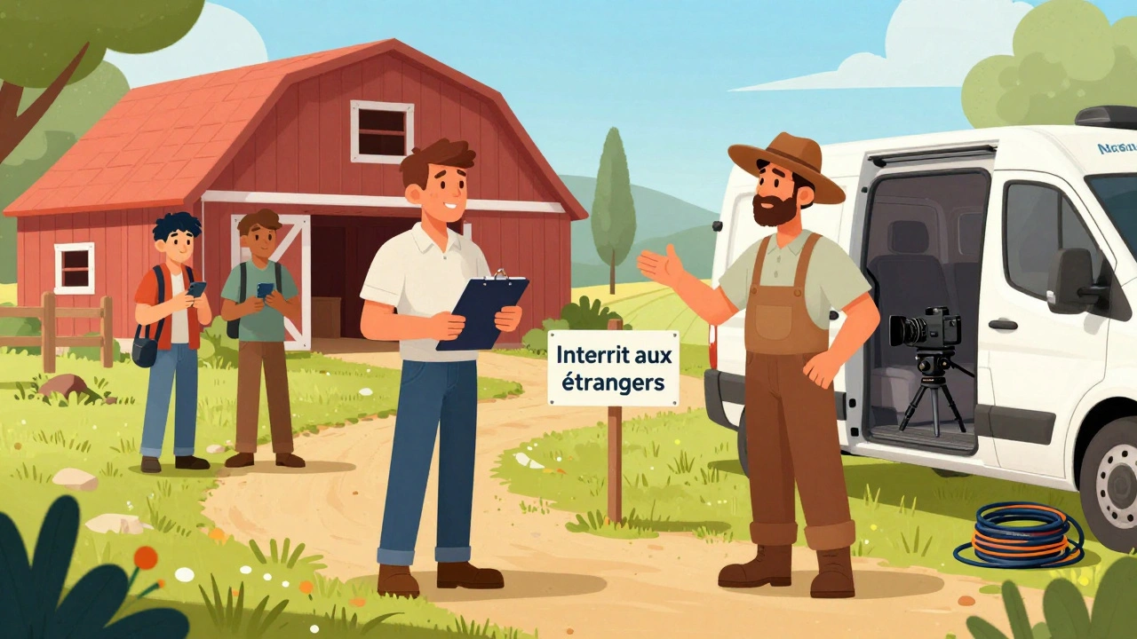 Un producteur négocie avec un fermier pour utiliser une grange comme lieu de tournage en milieu rural français.