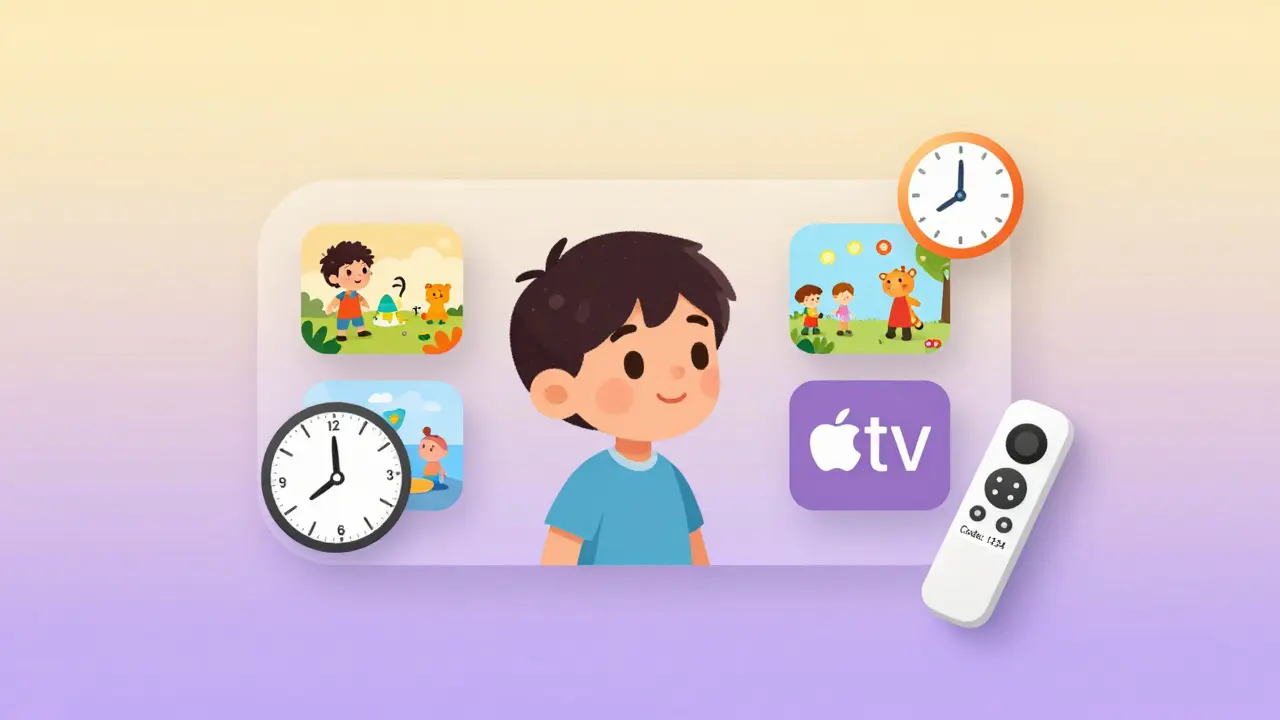 Un profil enfant sur Apple TV affiche des applications adaptées à son âge, avec un minuteur d'écran.
