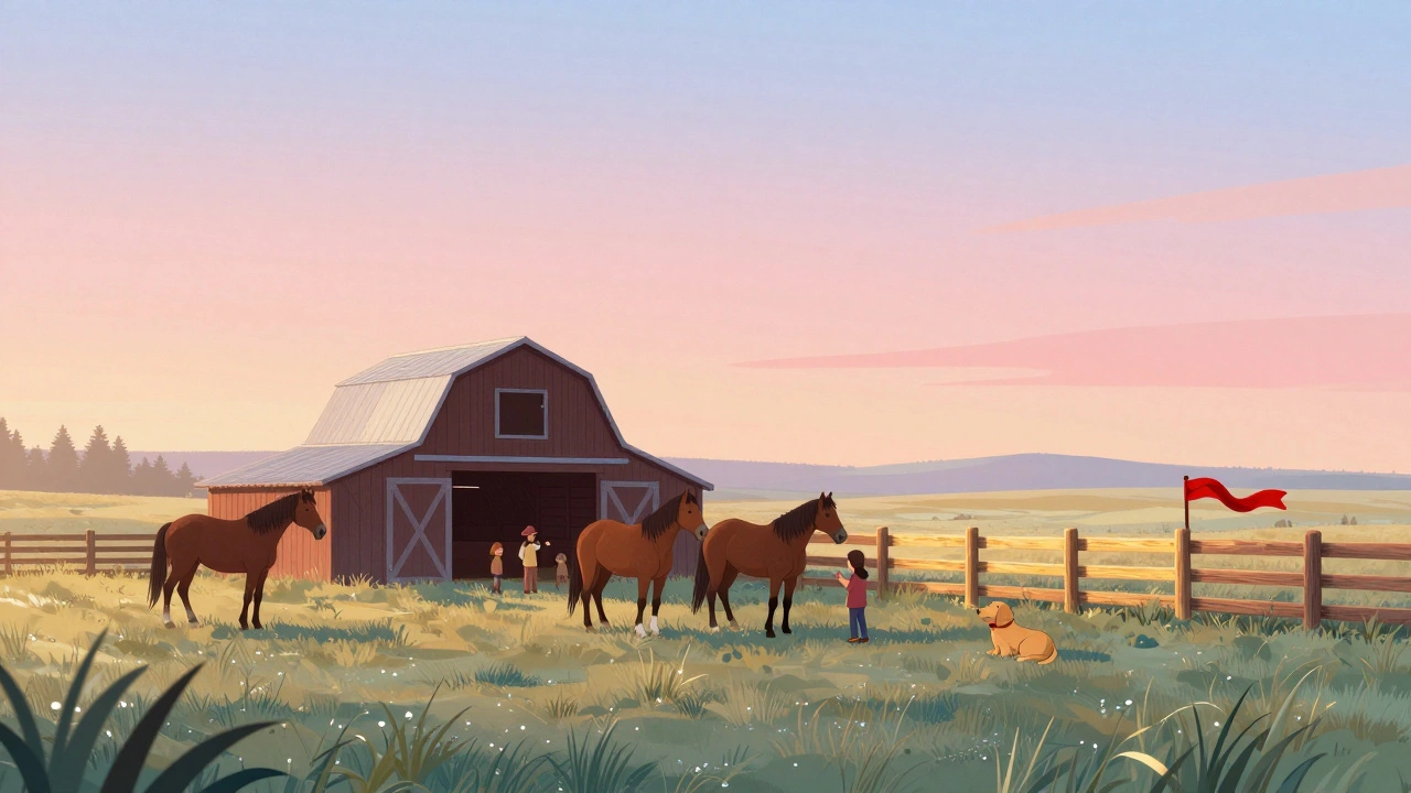 Une famille soigne des chevaux dans une prairie canadienne au lever du soleil.