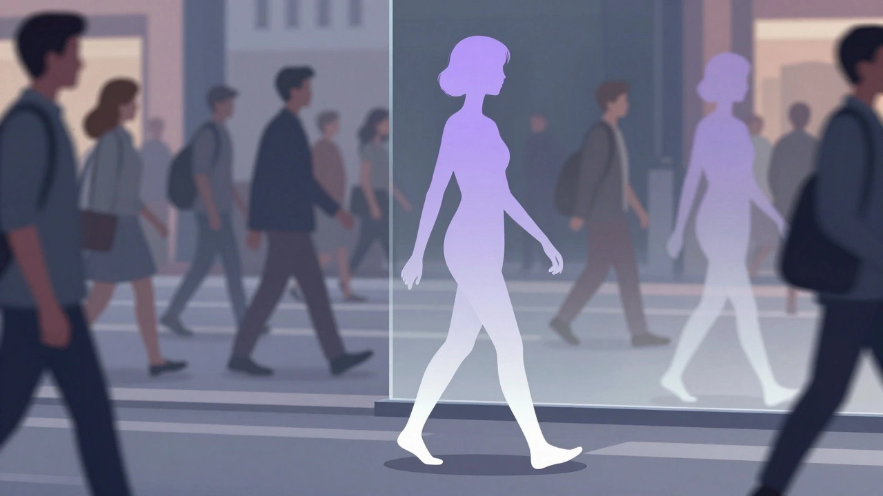 Une IA marche dans la rue, son corps translucide se fondant dans les gradients, son reflet montre des visages humains.