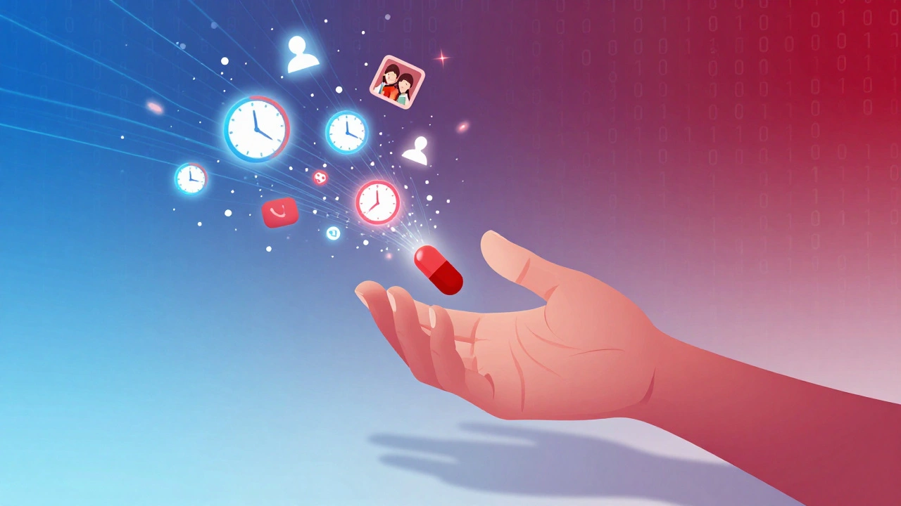 Une main tendue vers une pilule rouge, entourée de symboles numériques et d&#039;horloges flottantes.