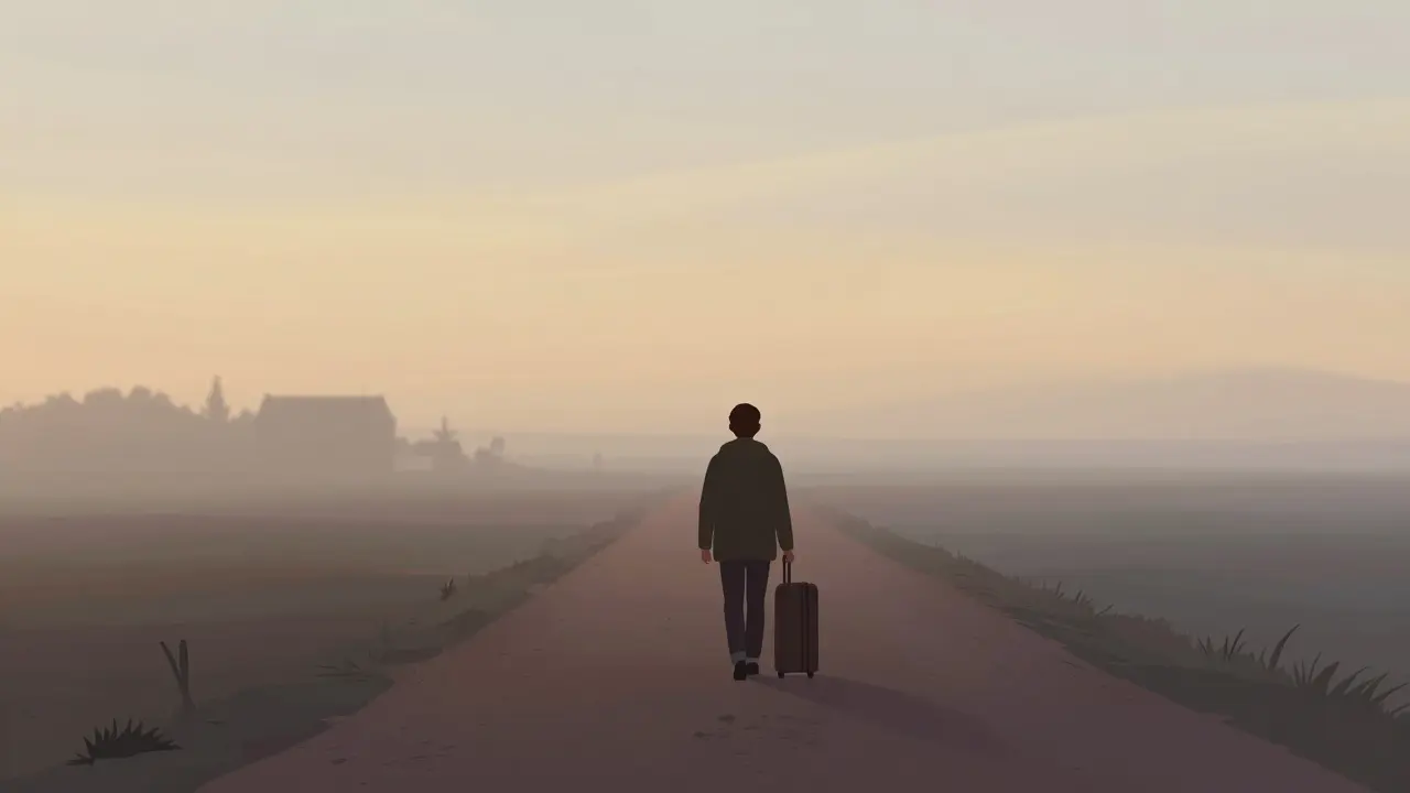 Une personne qui s'éloigne sur une route brumeuse au lever du jour, laissant derrière elle un secret irréversible.